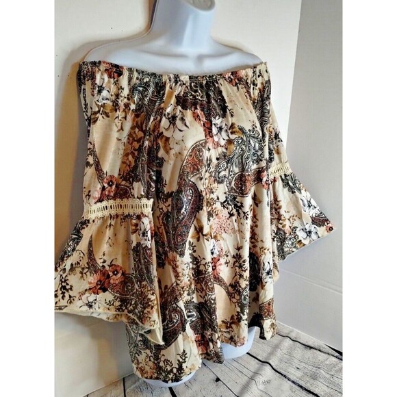 Naif Womens Large Beige Floral Blouse Top Boho Wide Arm Paisley Floral Print - Picture 4 of 13